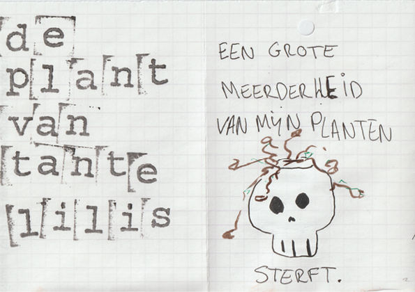 The first and second page of a zine called 'De plant'. The left page has stamped letters which say 'de plant van tante lilis'. The left page has a drawing of a dead plant in a skull-shaped flowerpot.