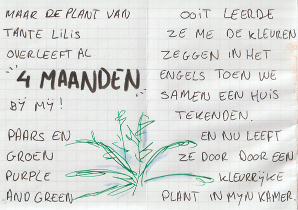 The fifth and sixth page of a zine called 'De plant'. In the middle of the page theres a drawing of a plant in green ink.