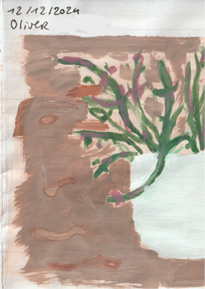 The back cover of a zine called 'De plant'. The date is at the top of the page as well as my name, on the right side you can see a painting of half a plant in a white pot. The background of the painting is brown.