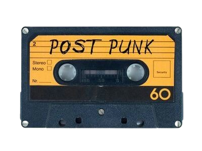 album mystery game: image is an audiocassette on which is written 'post punk'. title says 'feel bad? this might make it worse and will not help. do not listen when sad.'.