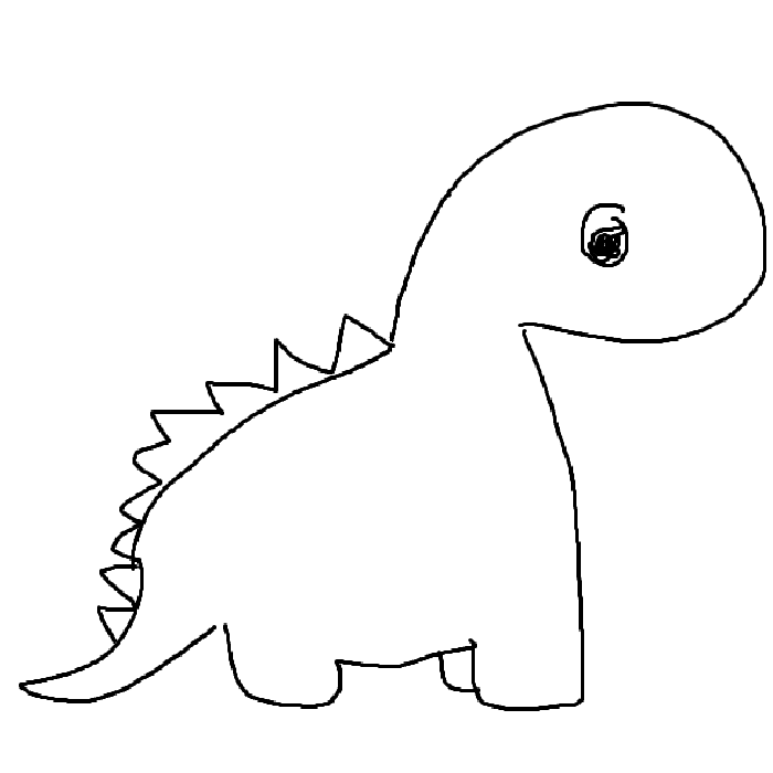 A digital line-drawing of a cute dinosaur. Hovering over this image with your mouse causes it to rotate tot the left slightly and makes the text 'he/him, 17' appear.