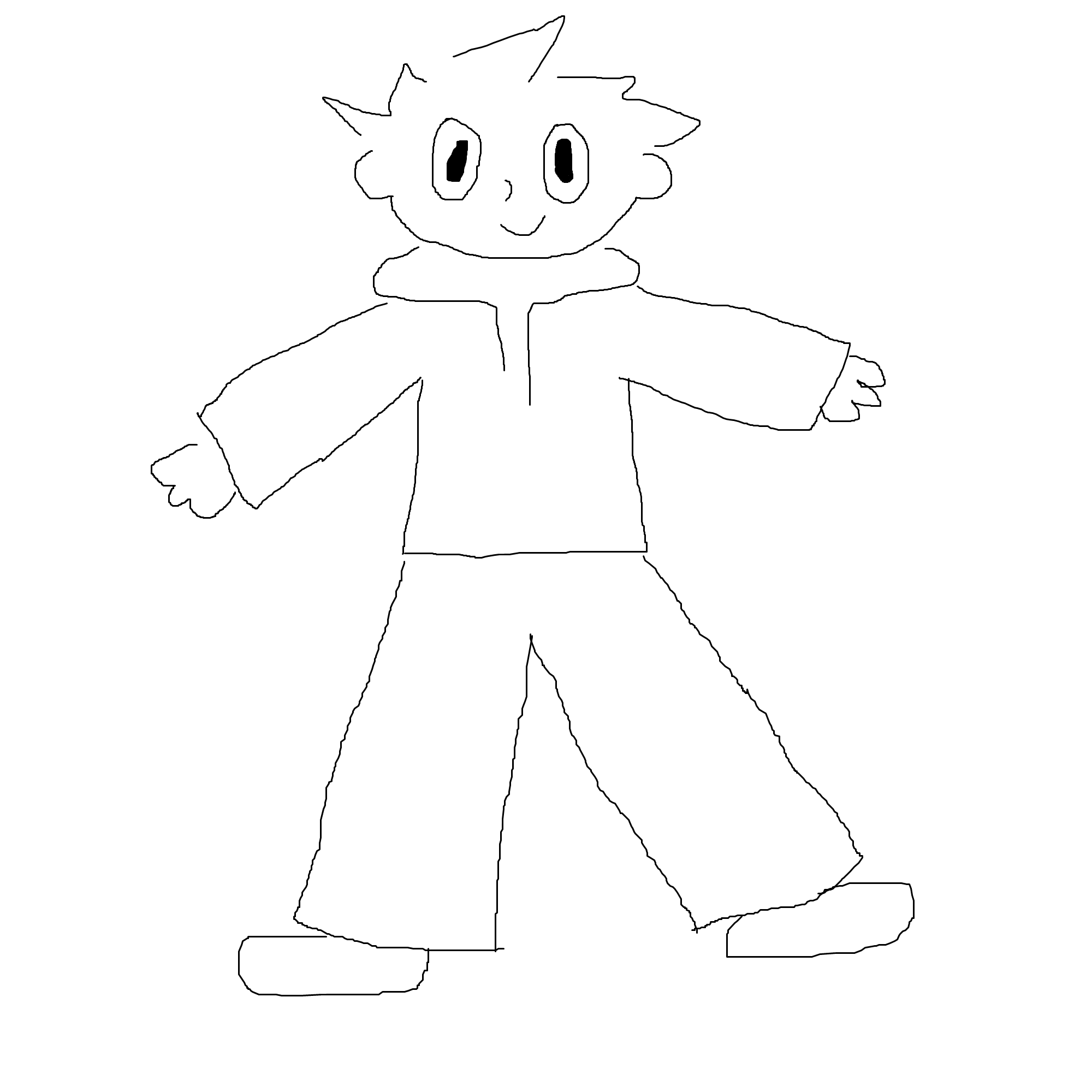 A digital line-drawing of me. I'm wearing a hoodie, long pants, and shoes. My hair is messy and my eyes wide. Hovering over this image with your mouse causes it to spin and makes the text 'Oliver, chronical hoodie wearer' appear.