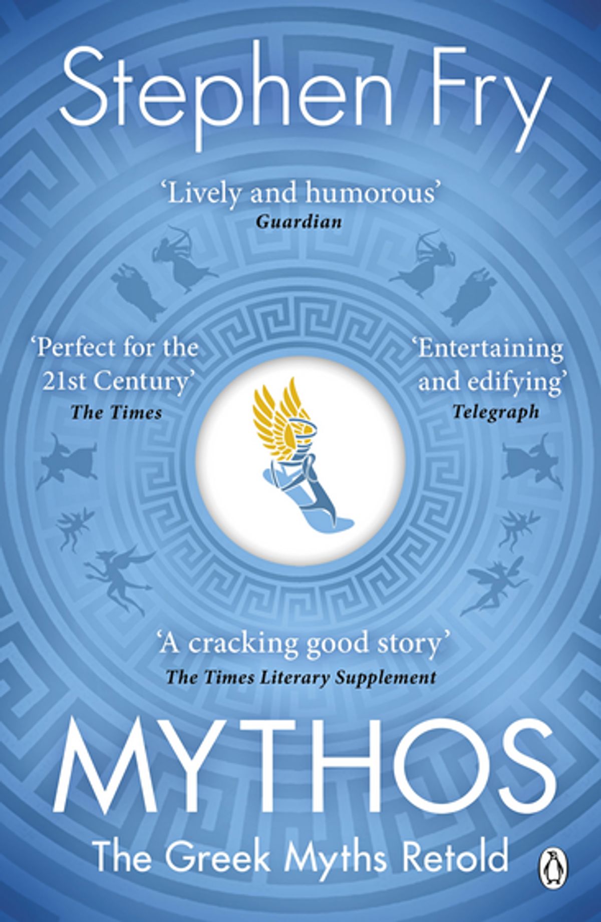 Book cover of 'Mythos' by Stephen Fry. The cover is light blue with some darker blue patters. Some silhouettes of Greek gods can be seen. In the middle there's a white circle in which theres a blue sandal with yellow wings. The text is in white.