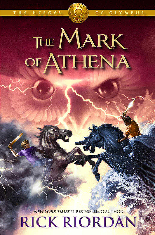 The book cover of 'The Mark of Athena' by Rick Riordan. Jason, on a horse, and Percy, on a pegasus, are fighting. Above them the eyes of an owl are visible, and above that there's the title.