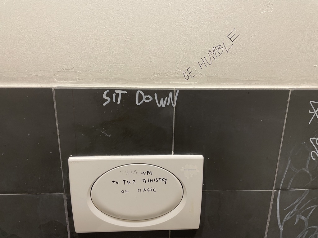 'Sit down' &  'be humble' written on the wall, 'This way to the ministry of magic' written on the flush button.