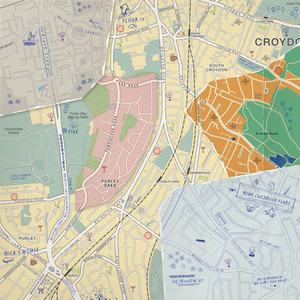 the album cover of "how to build an ocean: instructions". it shows a map in pastel colours and song titles as road names. when you hover the image, it has a greyscale filter and the album title is visible on it. clicking on this image will take you to a page with more info!