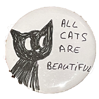 A white pin with black text: 'All cats are beautiful'. On the left, there's a doodle of a black cat.