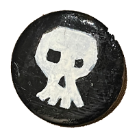 A black pin with a white skull.