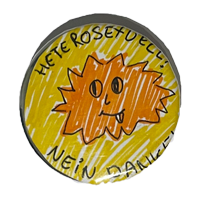 A yellow pin with black text, and in the middle an orange sun sticking his tongue out. Top text: 'Heterosexuell?', bottom text: 'Nein danke!'