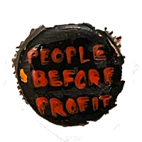 A black pin with red text: 'People before profit'.