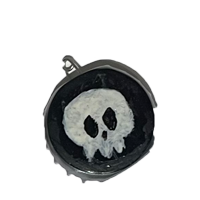 A black pin with a white skull.