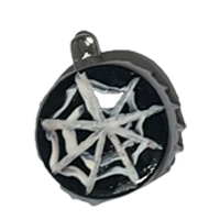 A black pin with a white spiderweb.